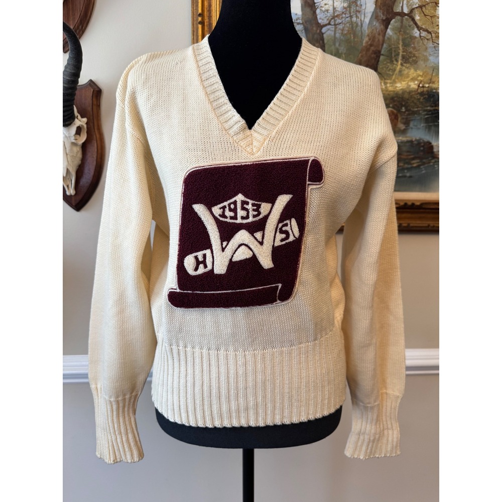 Vintage 1953 Varsity Letterman Sweater Cream Burgundy V-Neck Chenille Patch 50s
